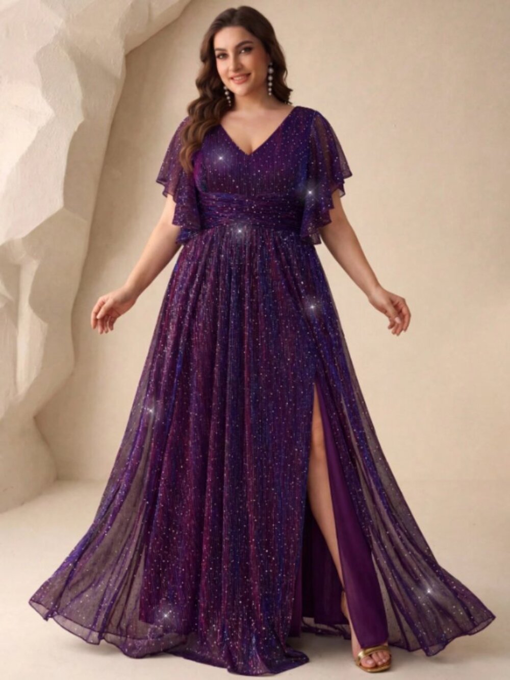 Purple Shimmer Metallic Sequin Maxi Dress Size 2XL